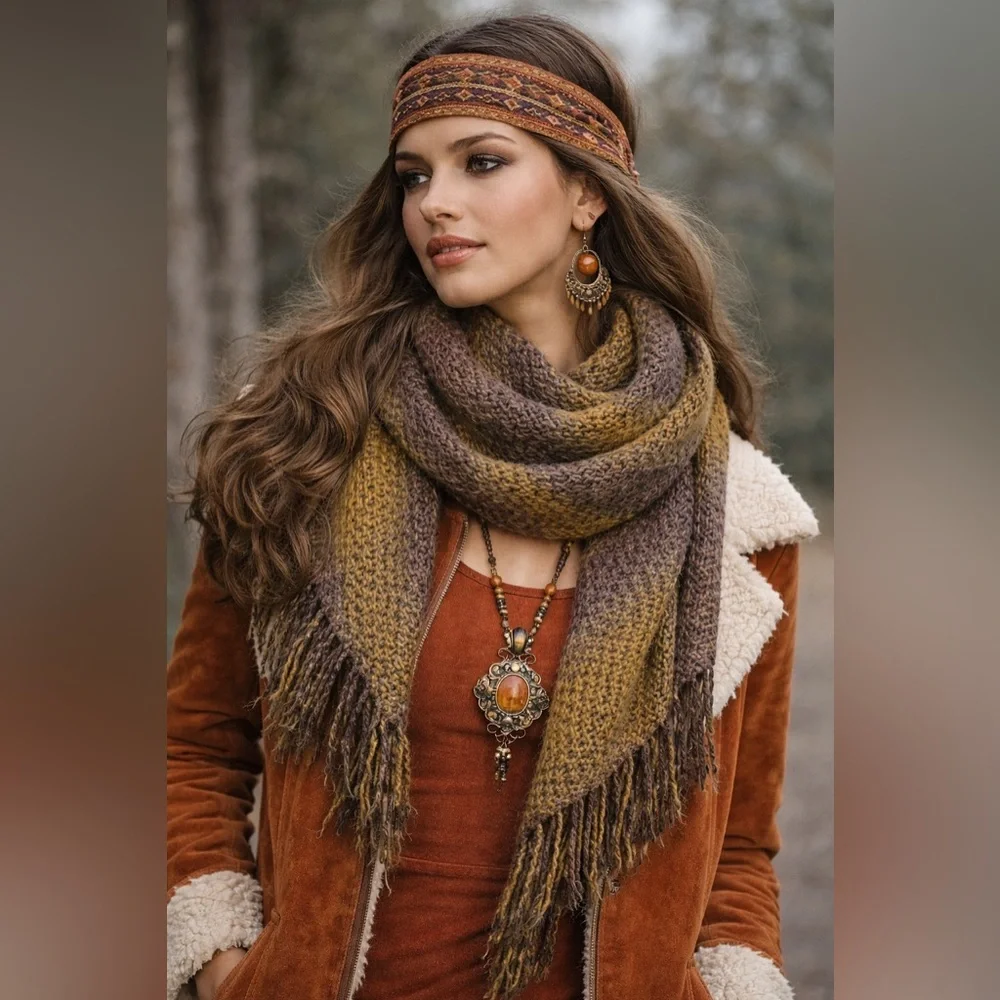 Vintage Knit Long Fringe Shawl Scarf | Boho Wrap